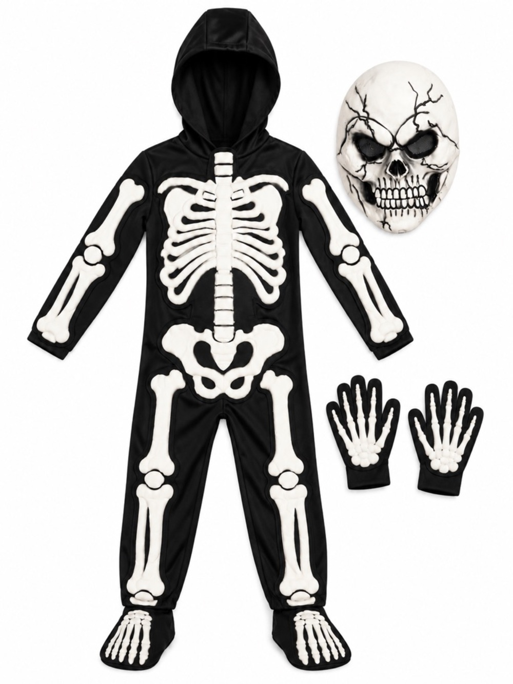 Kids Black Skeleton Costume with Mask, Gloves, & Halloween Jumpsuit | Size M